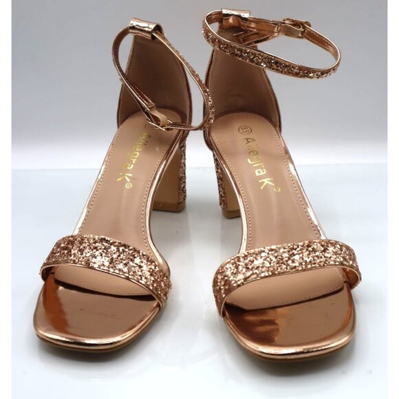 Allegra K Womens Rose Gold Glitter Ankle Strap Chunky Heel Sandals Size 8.5 - Picture 1 of 7